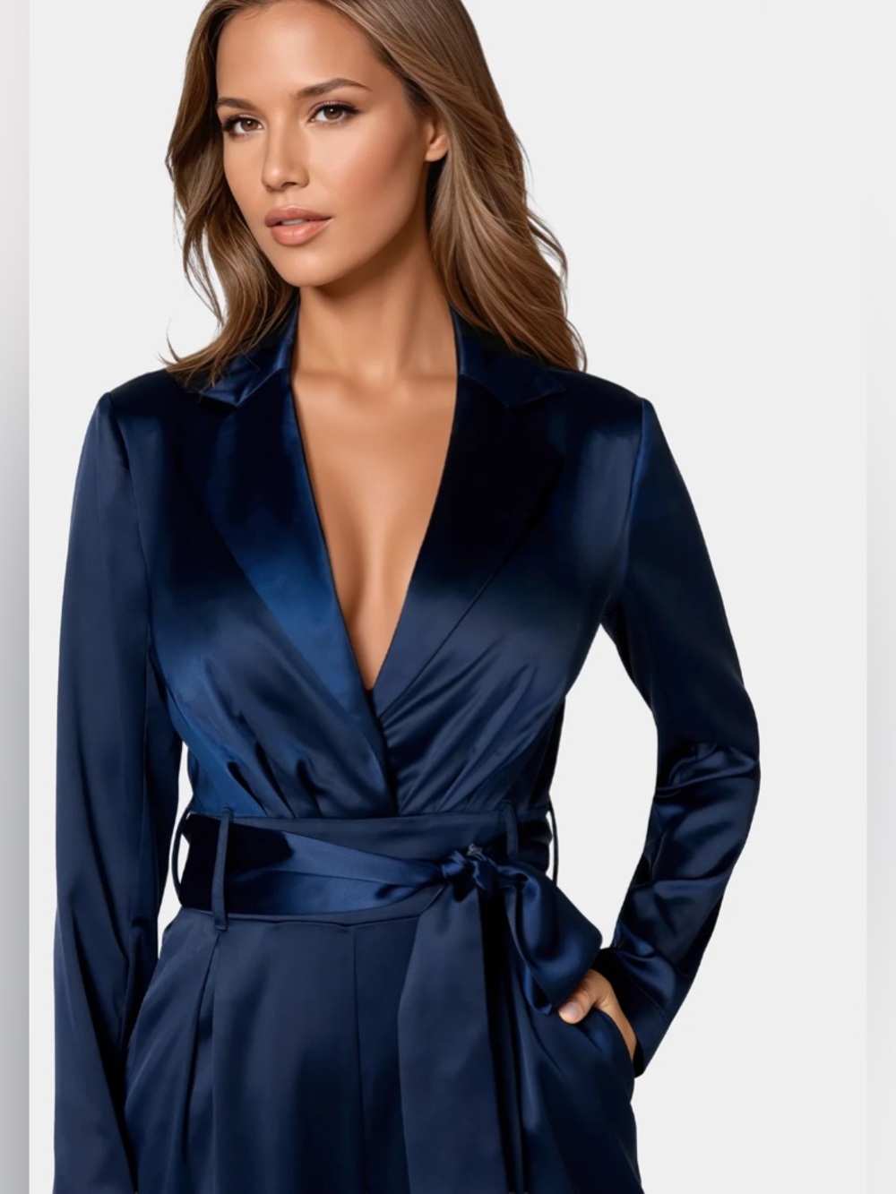 bebe Satin Navy Wrap Jumpsuit with Tie Belt - Picture 3 of 3